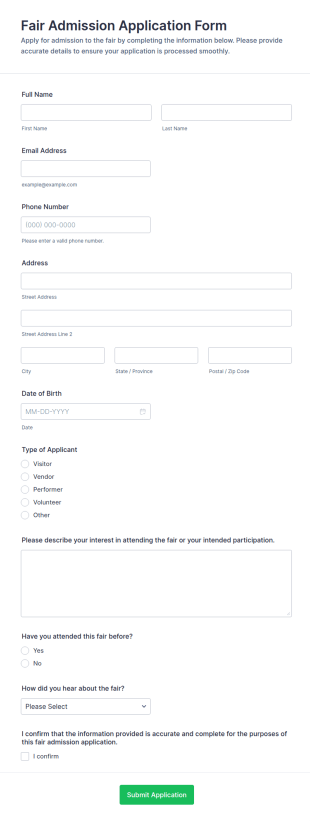 Fair Admission Application Form Template