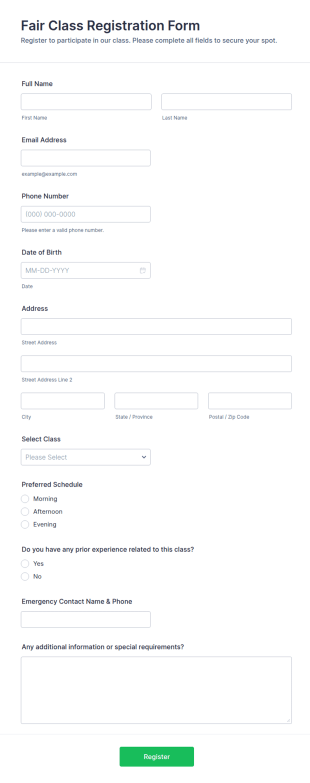 Fair Class Registration Form Template