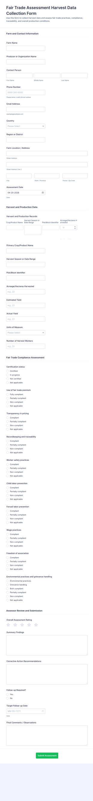 Fair Trade Harvest Data Collection Form Template
