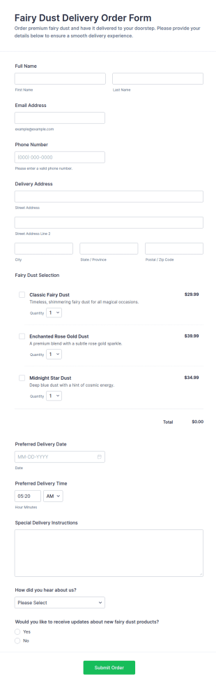 Fairy Dust Delivery Order Form Template
