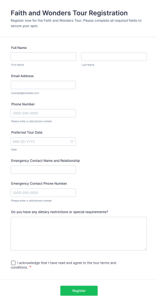 Faith And Wonders Tour Registration Form Template