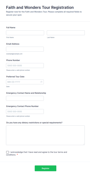 Faith And Wonders Tour Registration Form Template