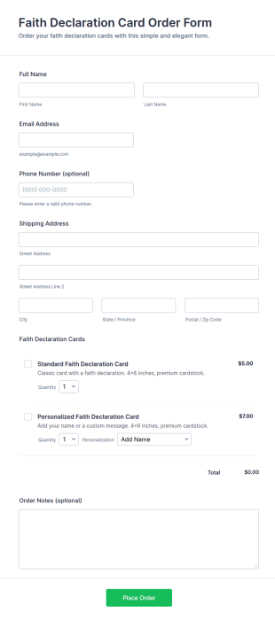 Faith Declaration Card Order Form Template