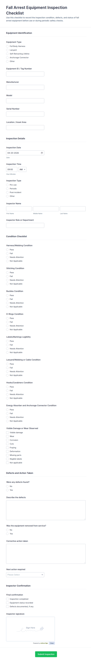 Fall Arrest Equipment Inspection Checklist Form Template