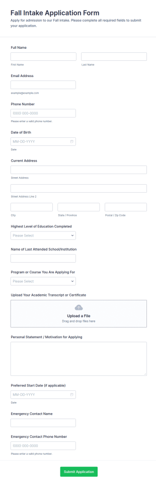 Fall Intake Application Form Template