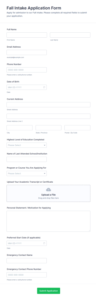 Fall Intake Application Form Template