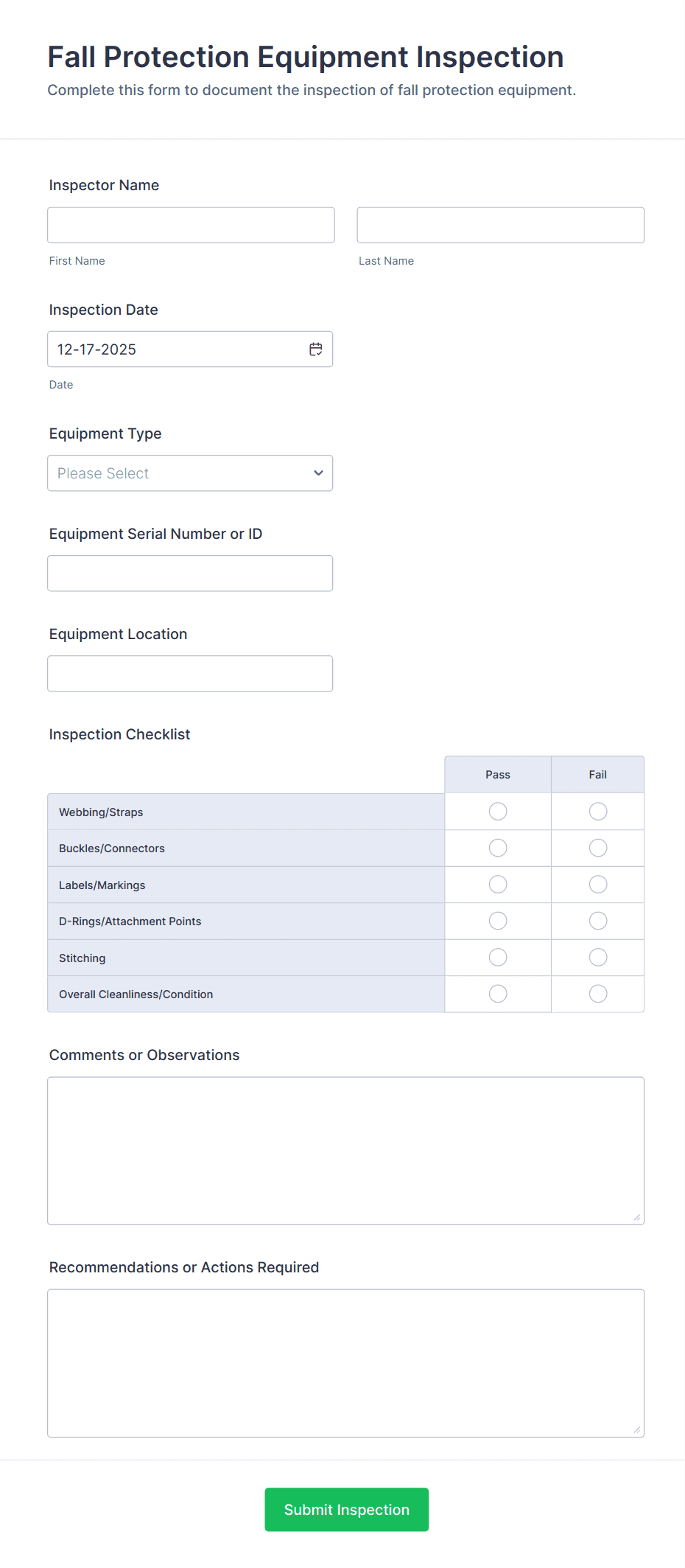 Fall Protection Equipment Inspection Form Template | Jotform