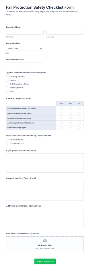 Fall Protection Safety Checklist Form Template