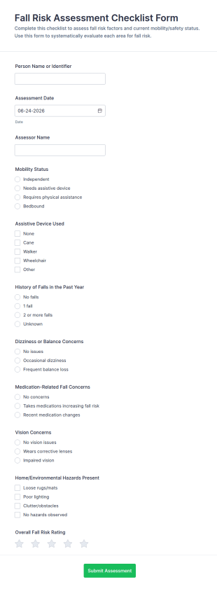 Fall Risk Assessment Checklist Form Template