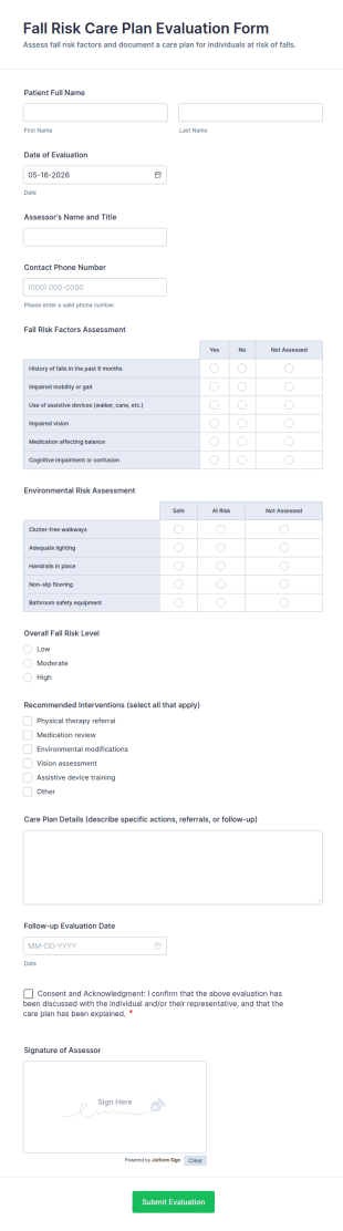 Fall Risk Care Plan Evaluation Form Template