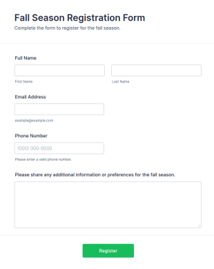 Fall Season Registration Form Template