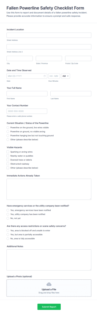 Fallen Powerline Safety Checklist Form Template