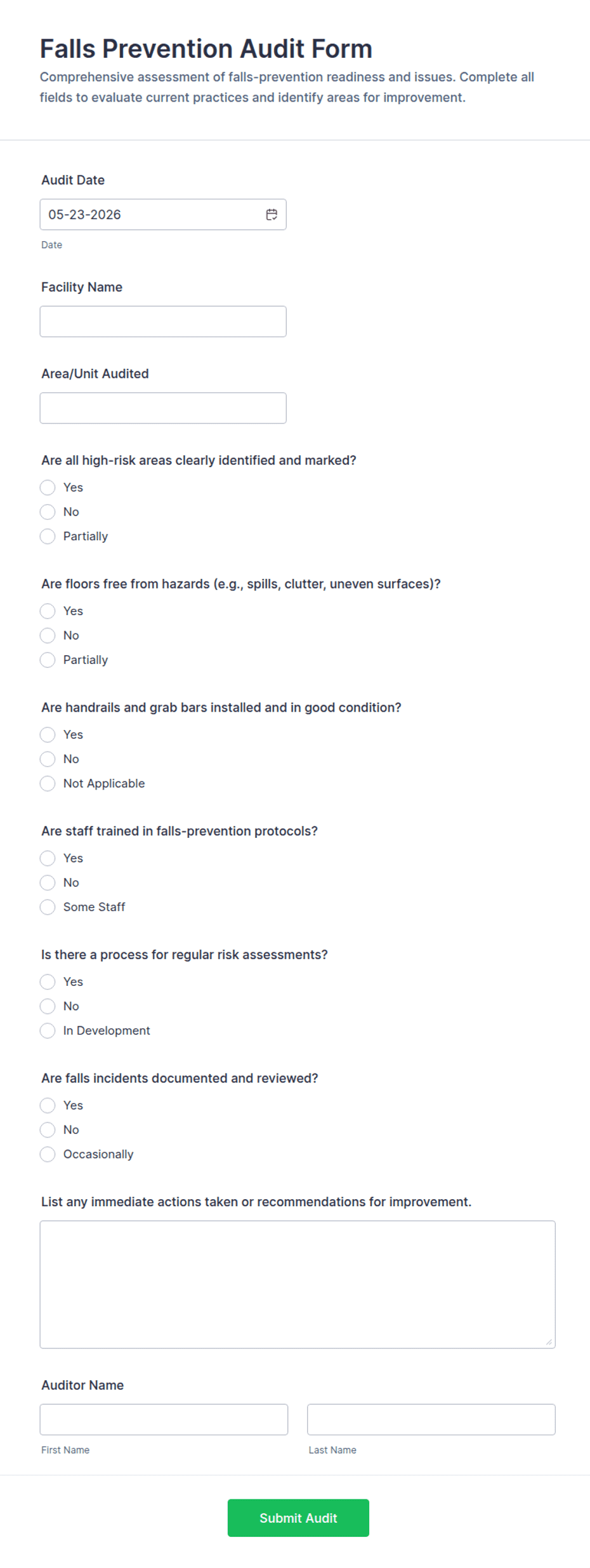 Falls Rounding Audit Sheet.pdf Falls Prevention Audit Form Template | Jotform