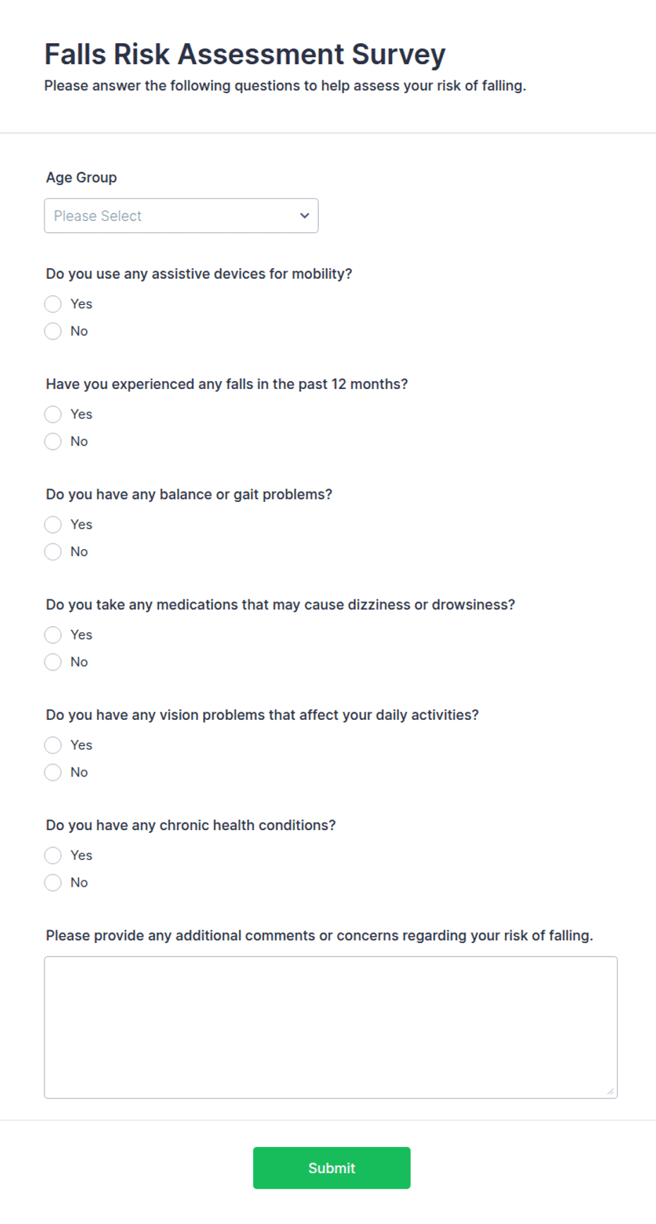 Falls Risk Assessment Survey Form Template | Jotform