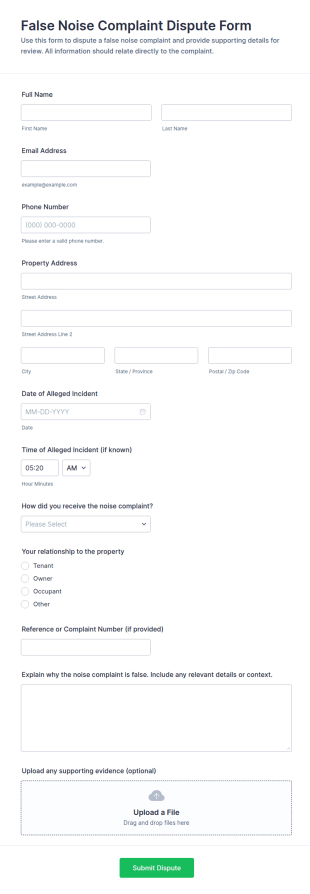 False Noise Complaint Dispute Form Template