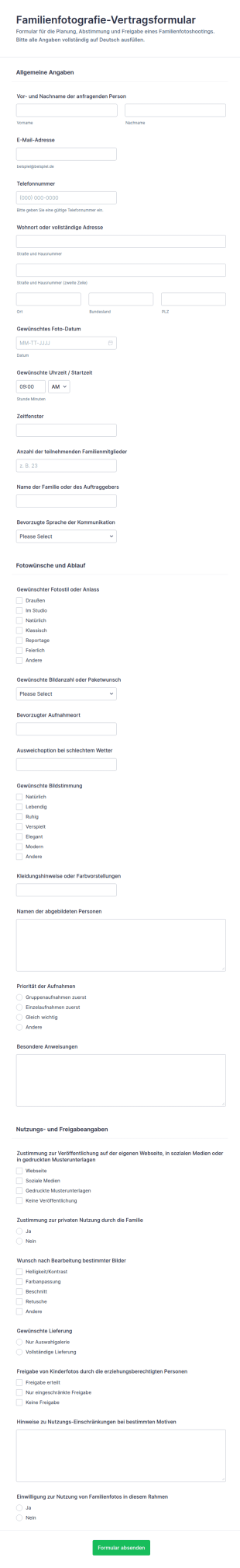 Familiefotografie Vertrag Form