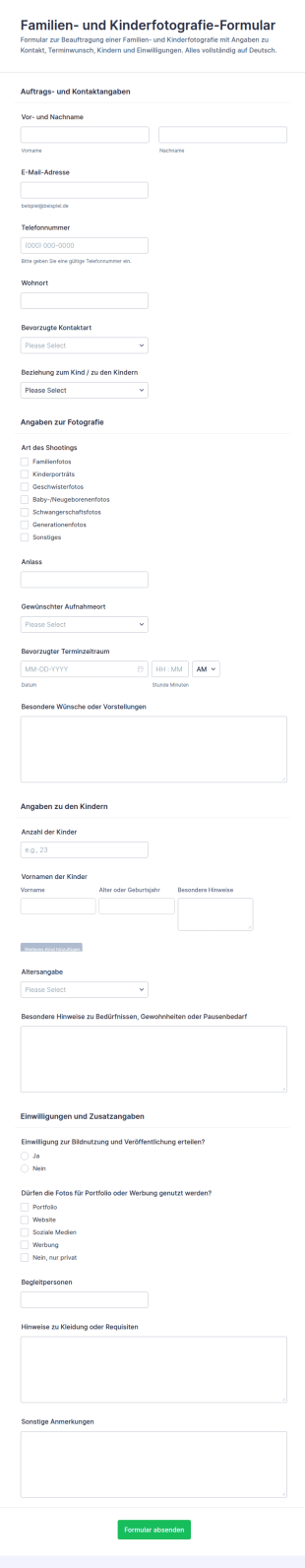 Familien Und Kinderfotografie Vertrag Formular