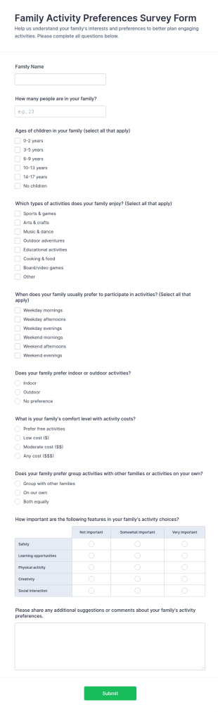 Family Activity Preferences Survey Form Template