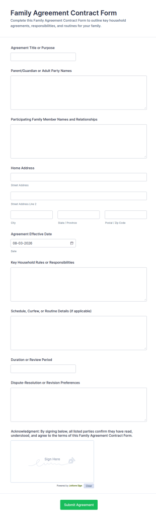 Family Agreement Contract Form Template