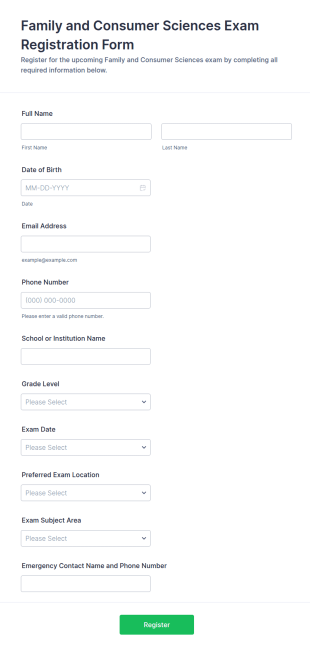 Family And Consumer Sciences Exam Registration Form Template