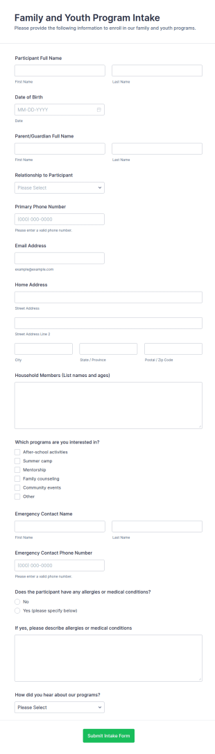 Family And Youth Program Intake Form Template