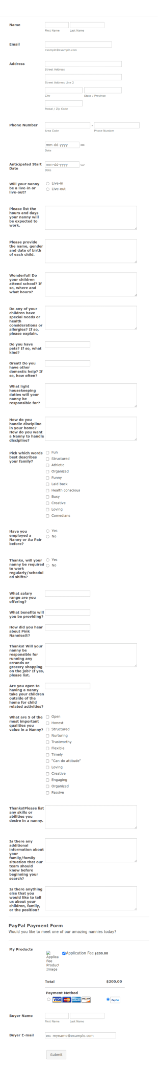Nanny Placement Family Application Form Template