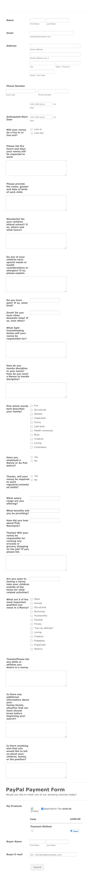 Nanny Placement Family Application Form Template
