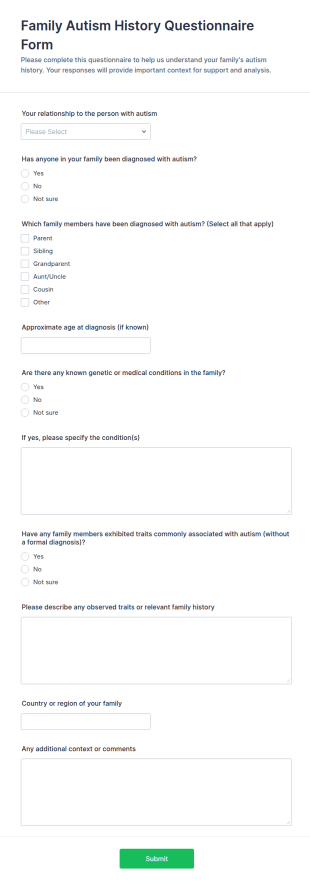 Family Autism History Questionnaire Form Template