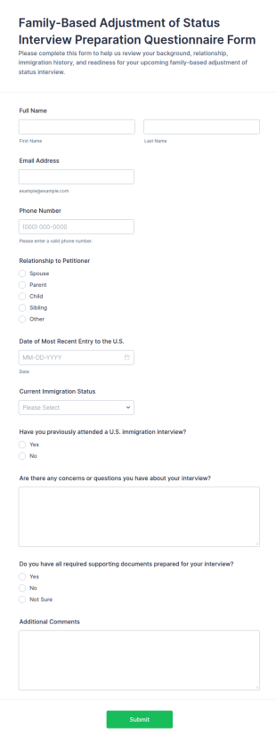 Family Based Adjustment Of Status Interview Preparation Questionnaire Form Template