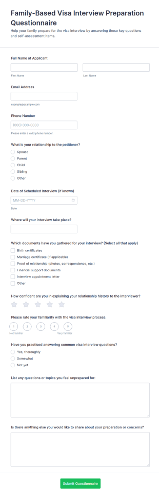 Family Based Visa Interview Preparation Questionnaire Form Template