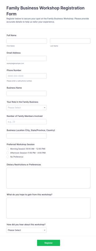 Family Business Workshop Registration Form Template