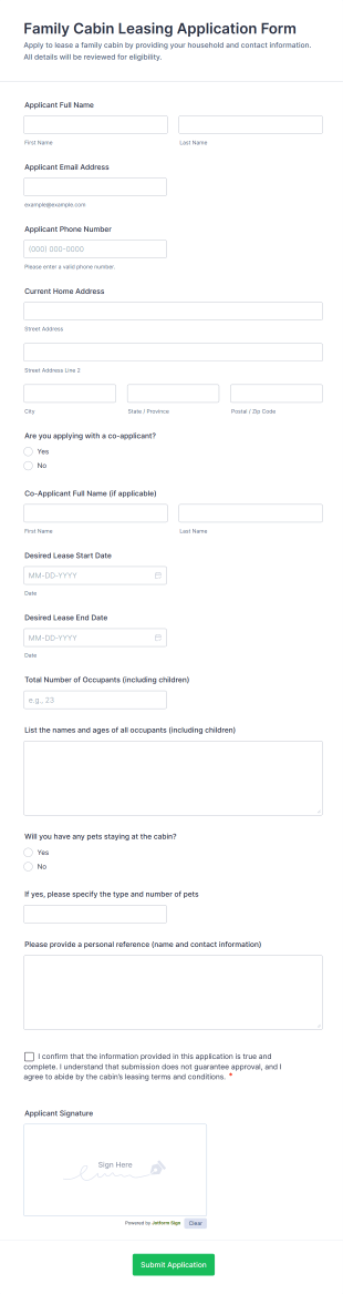 Family Cabin Leasing Application Form Template