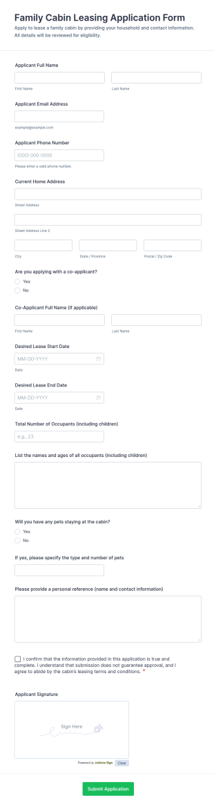 Family Cabin Leasing Application Form Template