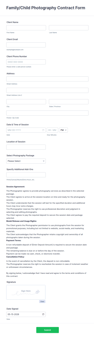 FamilyChild Photography Contract Form Template