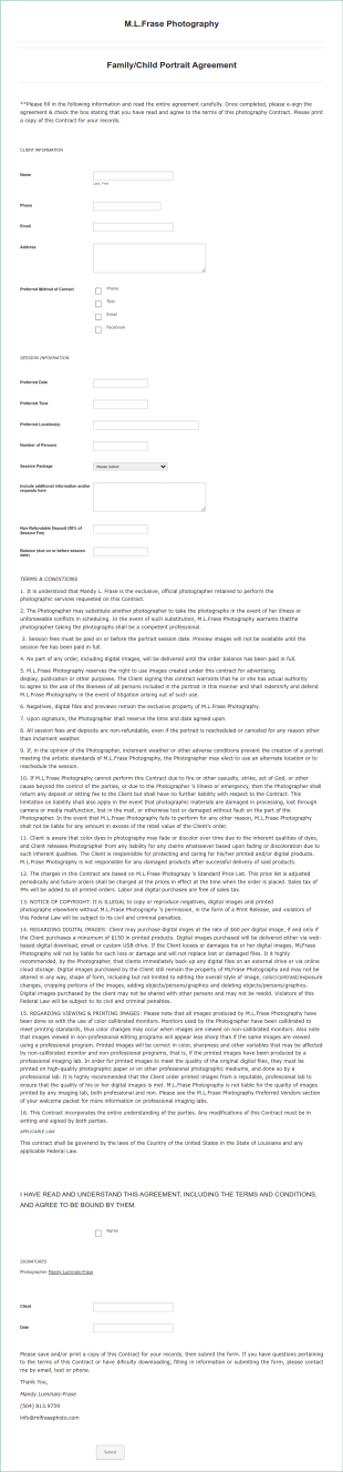 FamilyChild Photography Contract Template