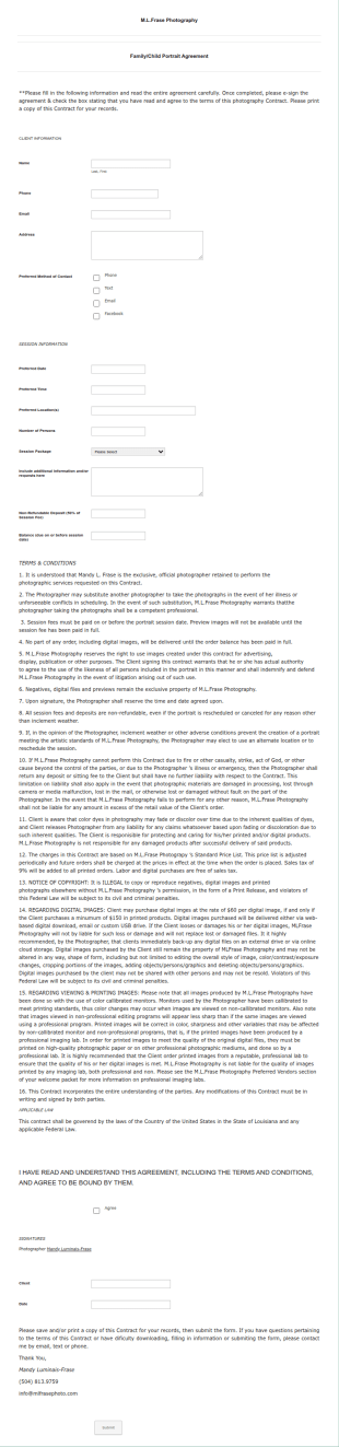 FamilyChild Photography Contract Template