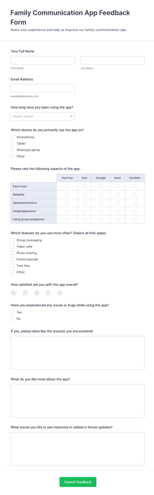 Family Communication App Feedback Form Template