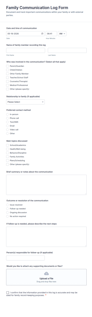 Family Communication Log Form Template