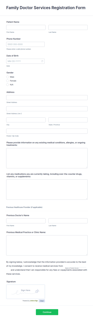 Family Doctor Services Registration Form Template