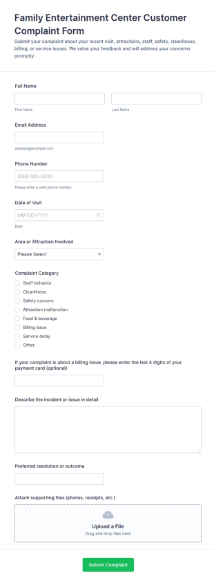 Family Entertainment Center Customer Complaint Form Template