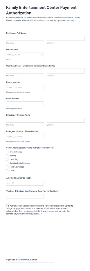 Family Entertainment Center Payment Authorization Form Template