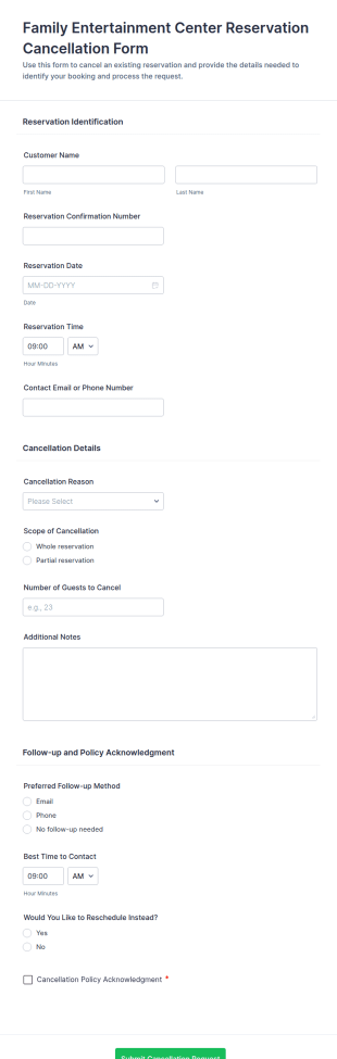 Family Entertainment Center Reservation Cancellation Form Template