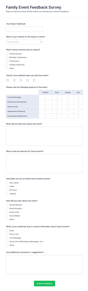 Family Event Feedback Survey Form Template