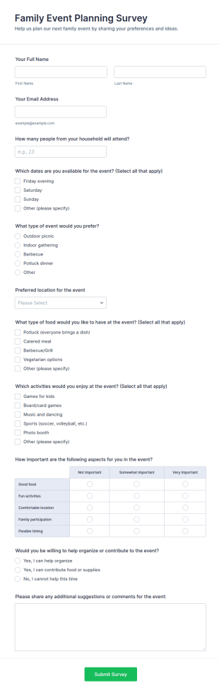 Family Event Planning Survey Form Template