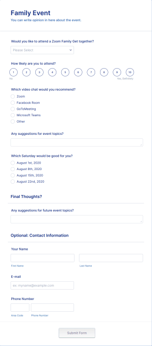 Virtual Family Event Attendance Form Template