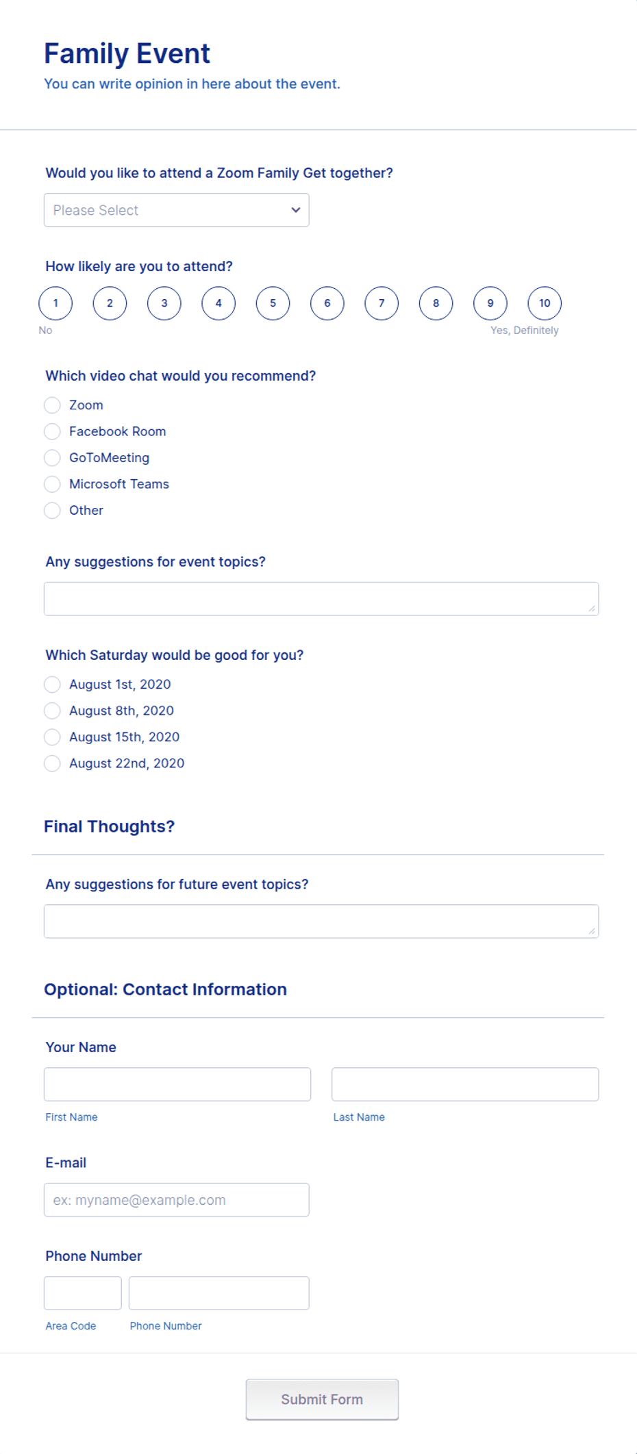 Family Event Reference Family Event Form Template | Jotform