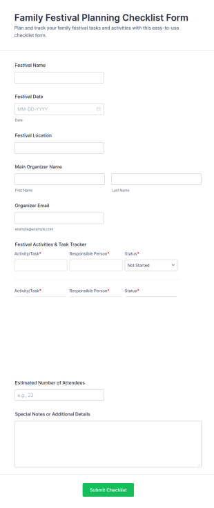 Family Festival Planning Checklist Form Template