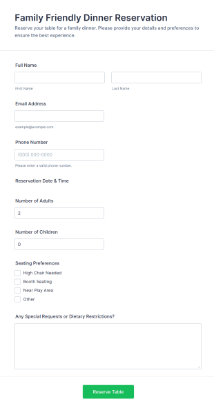 Family Friendly Dinner Reservation Form Template