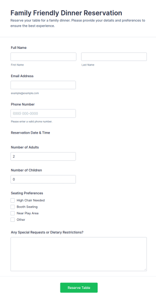 Family Friendly Dinner Reservation Form Template