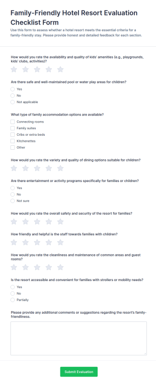 Family Friendly Hotel Resort Evaluation Form Template